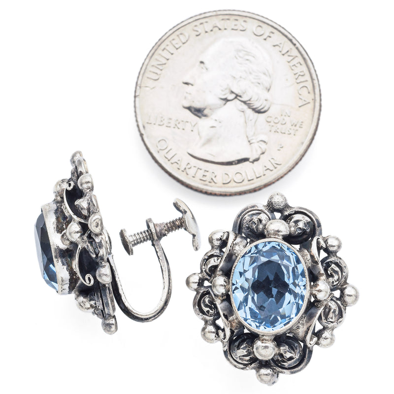 PERUZZI Florence 800 Silver Blue Topaz Floral Screw-Back Earrings