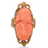 Antique Etched 14K Yellow Gold Prong Set Carved Coral Cameo Ring