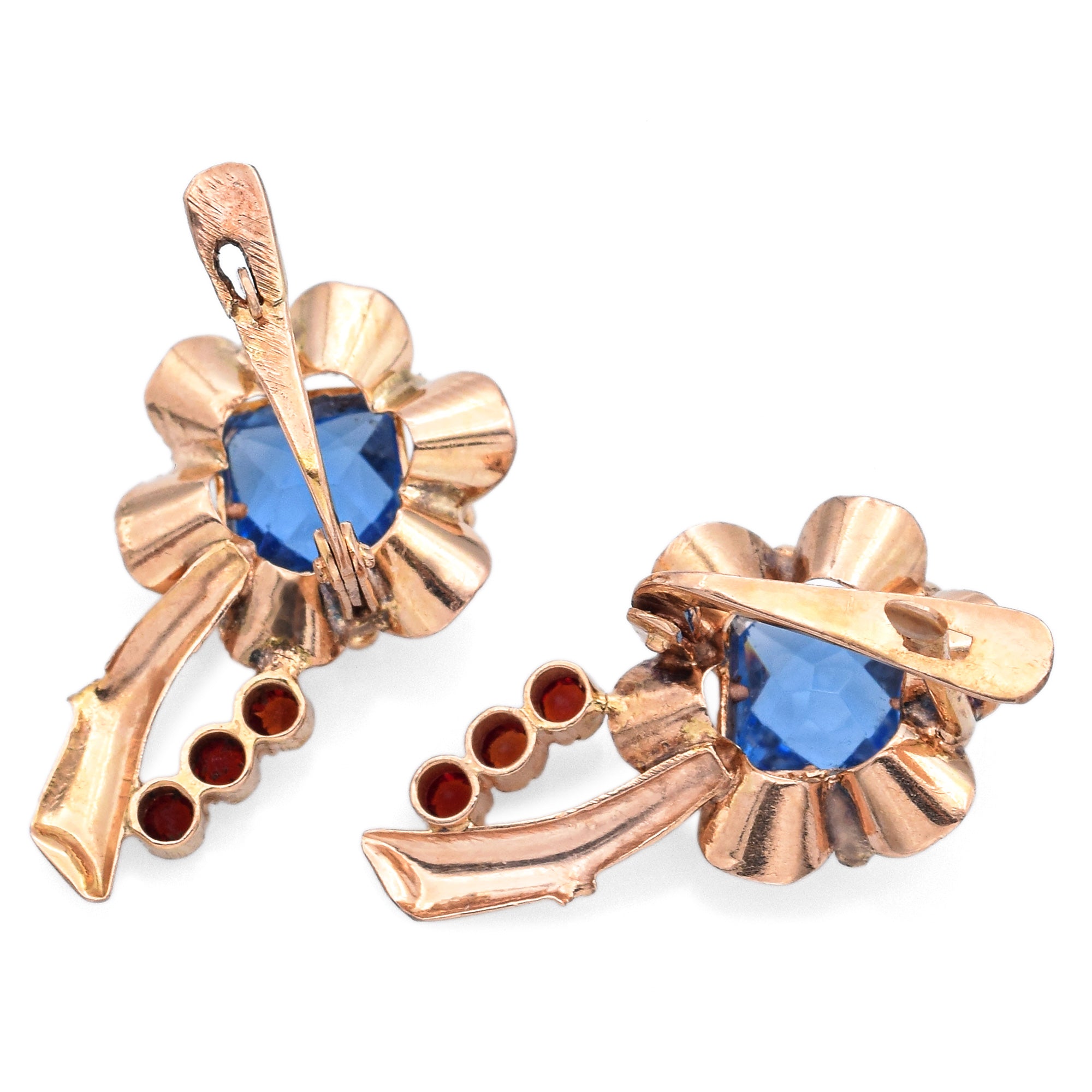 Antique 14K Yellow Gold Blue and Pink Paste Floral Latchback Earrings