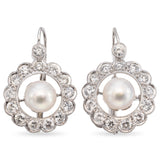 Vintage White Gold Pearl and 1.0 TCW Diamond Dangle Drop Earrings