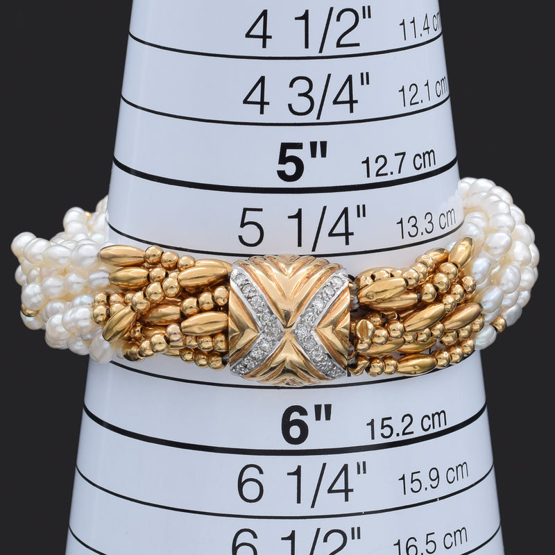 Vintage Pearl & Diamond 14K Yellow Gold Multi-Strand Bracelet