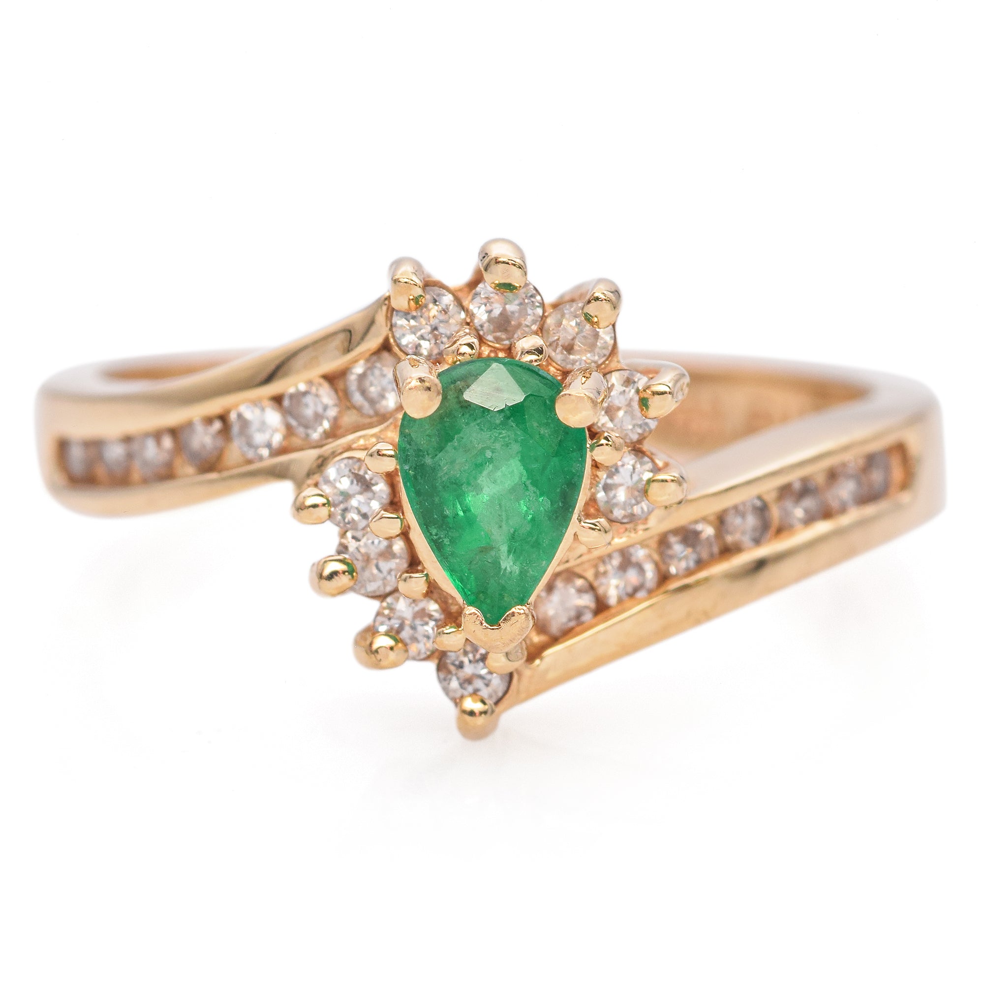 Vintage 14K Yellow Gold Emerald & Diamond Pear Band Ring