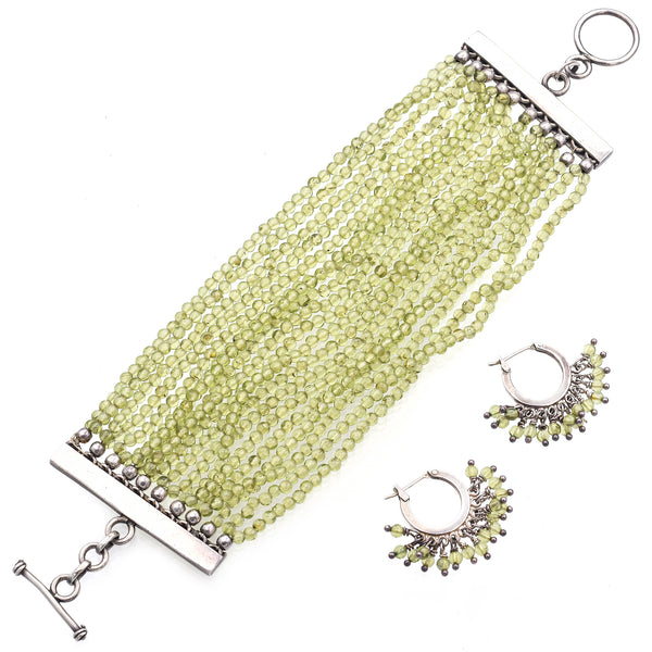 Vintage Sterling Silver Peridot Beaded Toggle Bracelet and Hoop Earrings Set