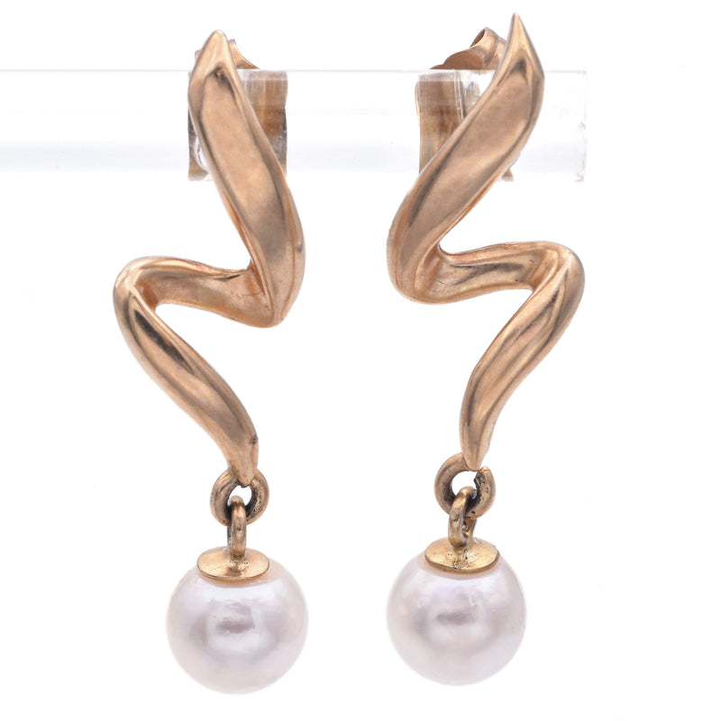 Estate 14K Yellow Gold Pearl Swirl Dangle Earrings