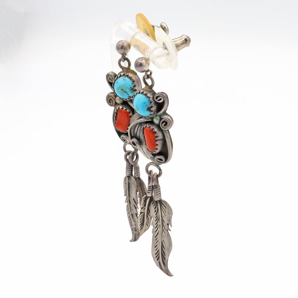 Vintage Southwest Turquoise Red Coral Sterling Silver Feathers Dangle Earrings