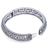 Estate Sterling Silver Marcasite Filigree Hinged Bangle Bracelet 7.25 Inches