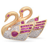 18K Yellow Gold 1.07 TCW Ruby and Diamond Swans Brooch Pendant