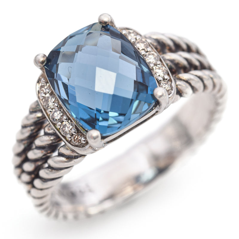 David Yurman Petite Wheaton Sterling Silver 3.60 Ct. Blue Topaz & Diamond Ring