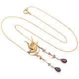 Antique Garnet & Seed Pearl 19K Yellow Gold Bird Pendant Necklace