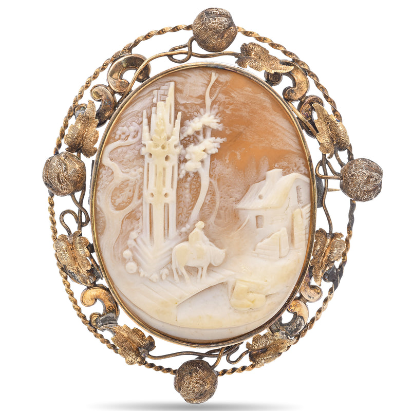 Antique Yellow Gold Cameo Going Home Filigree Brooch