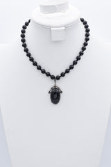 Vintage Sterling Silver Black Coral Pendant on GF Onyx & Paste Beaded Necklace