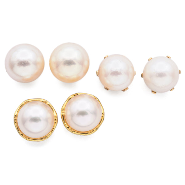 3 Pairs Vintage 14K Yellow Gold Round Pearl Stud Earrings