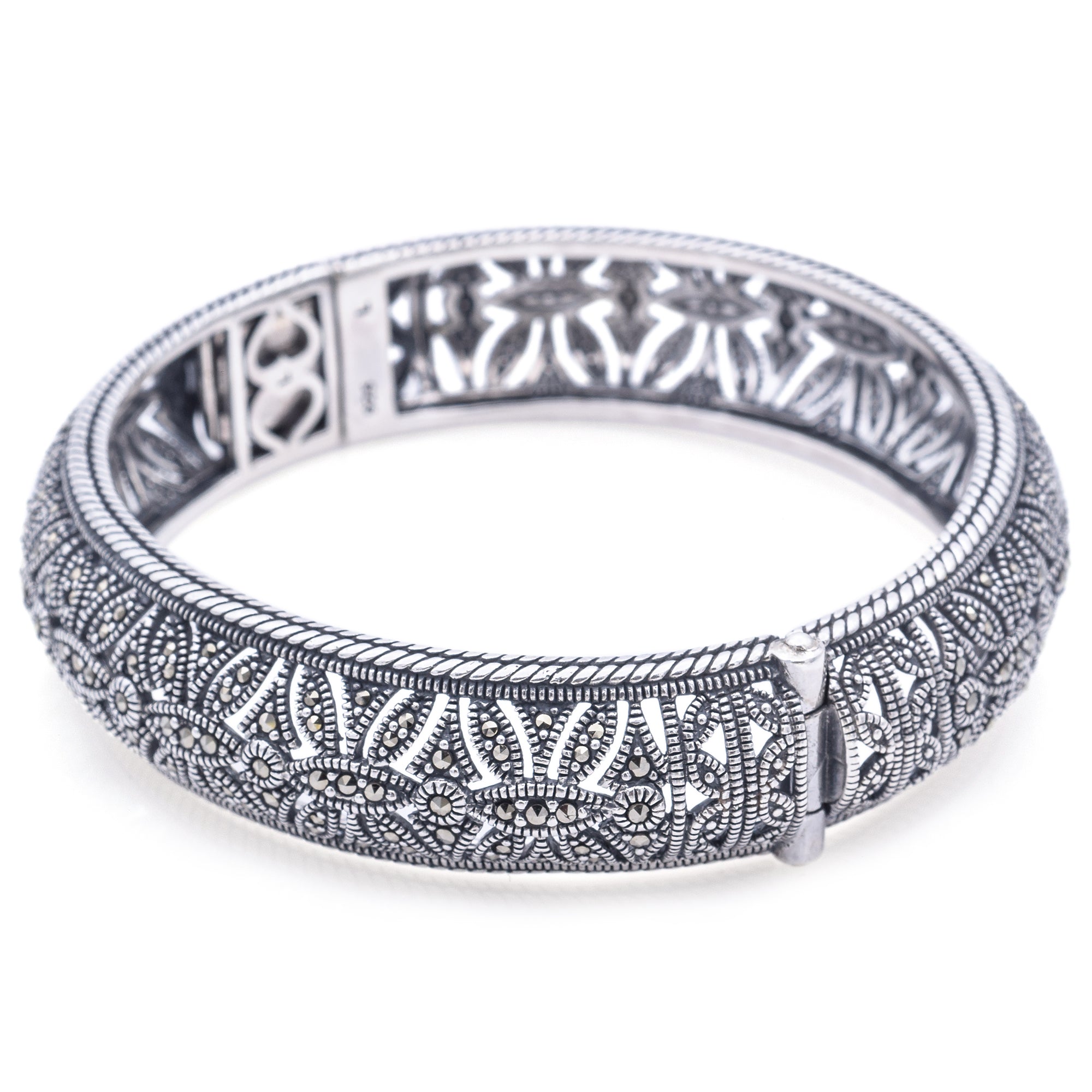 Estate Sterling Silver Marcasite Filigree Hinged Bangle Bracelet 7.25 Inches