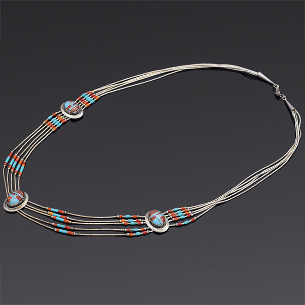 Vintage Southwestern Sterling Silver Turquoise & Red Spiny Oyster Necklace