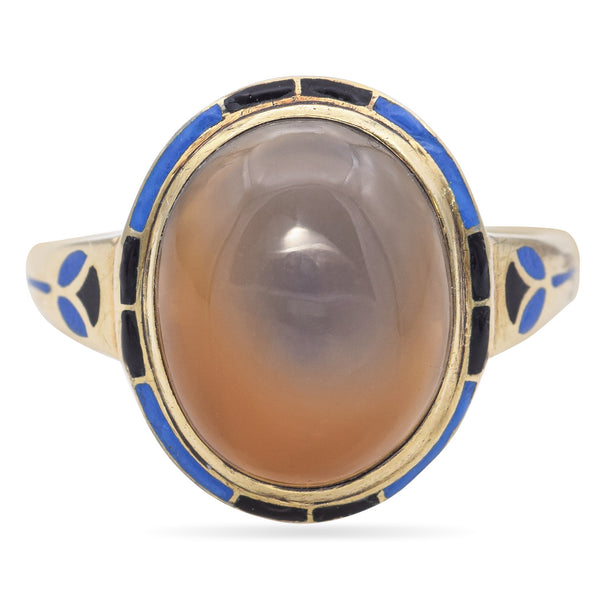 Vintage 14K Yellow Gold Art Deco Oval Cabochon Agate and Enamel Cocktail Ring