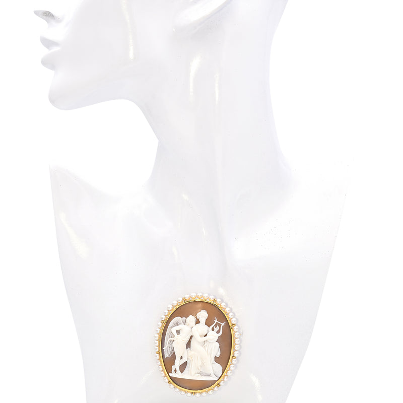 Antique Yellow Gold & Pearl Cameo Venus Playing Lyre Eros Listening Brooch