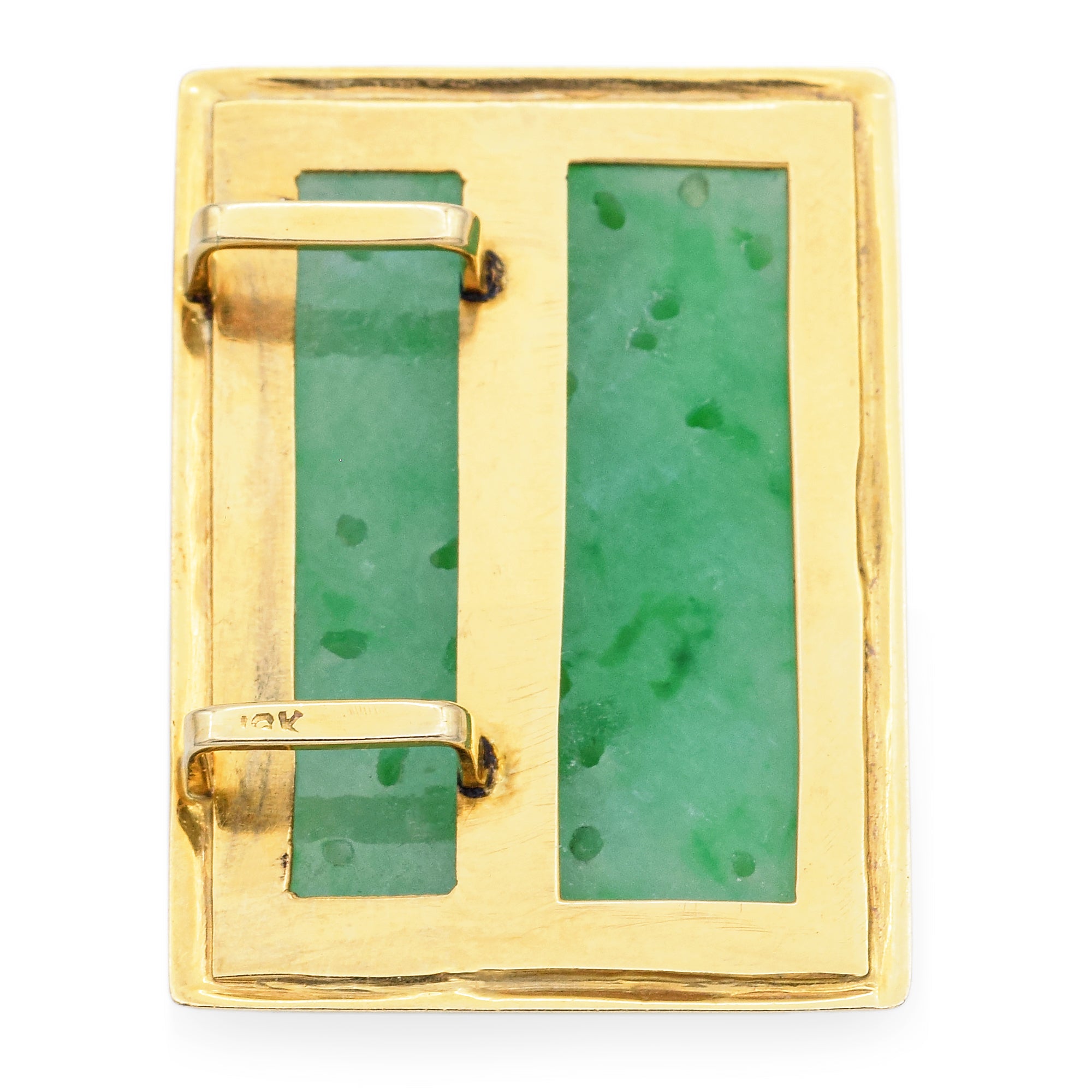 Estate 18K Yellow Gold Green Jade Floral Carved Large Rectangle Slider Pendant