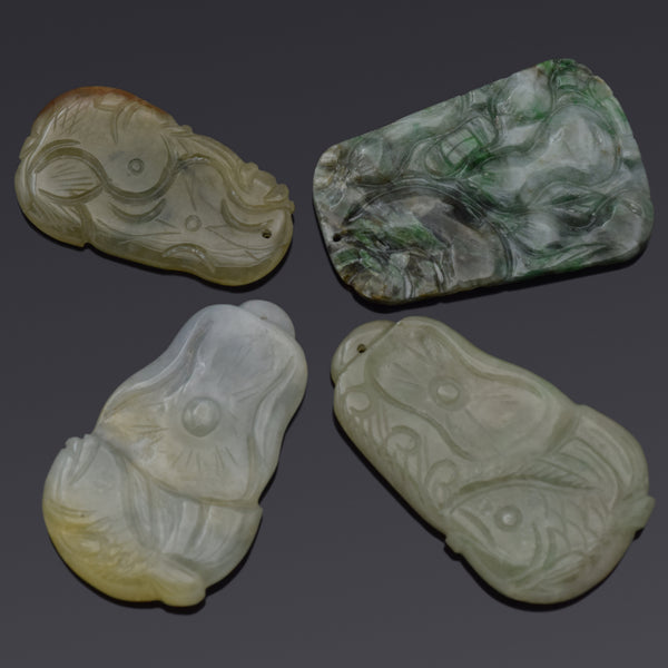 Lot of 4 Vintage Green Jade Carved Fruit & Koi Fish Pendants