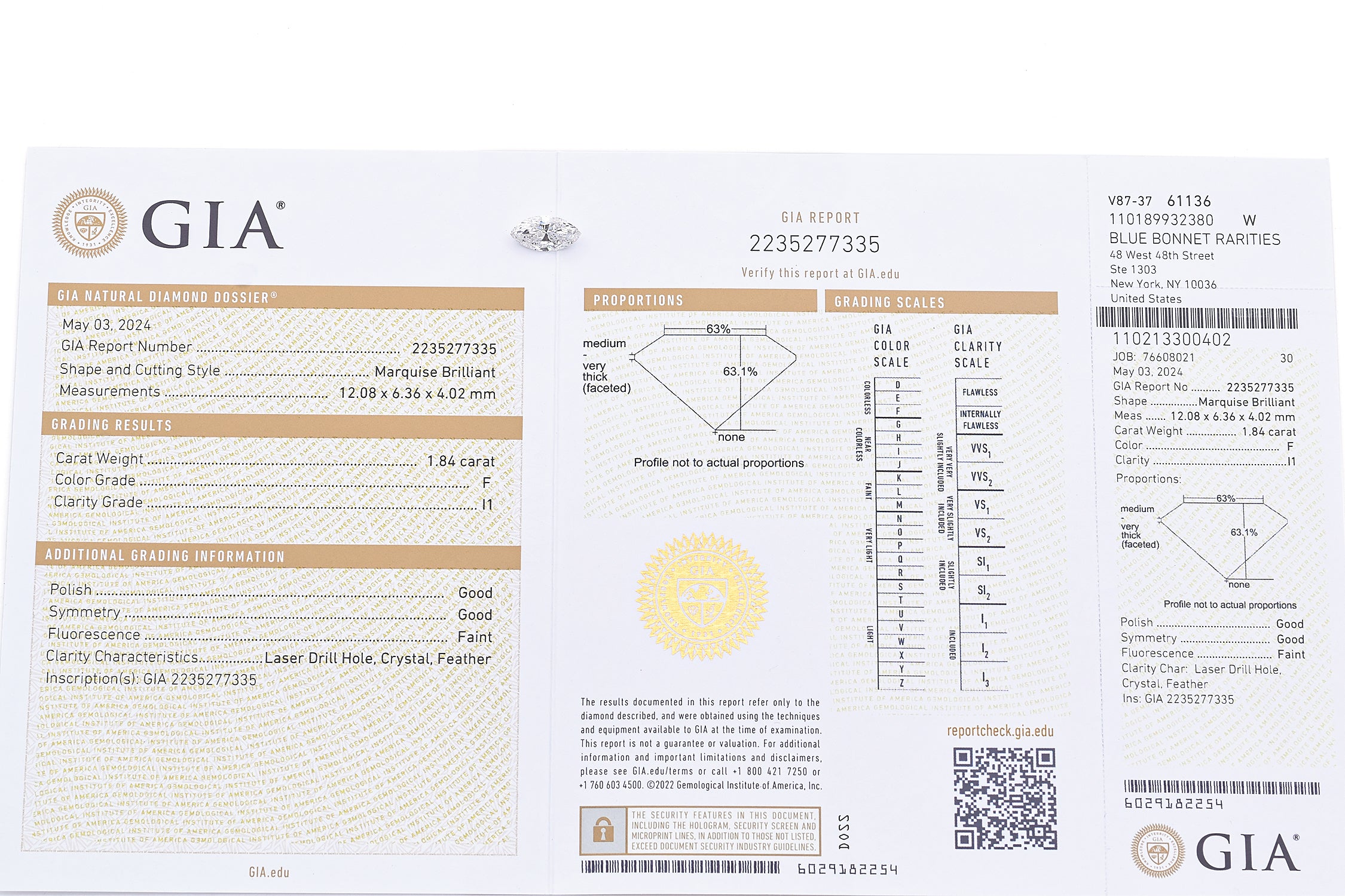 GIA Certified Loose 1.84Ct F I1 Marquise Brilliant Diamond 12.08 x 6.36 x 4.02mm