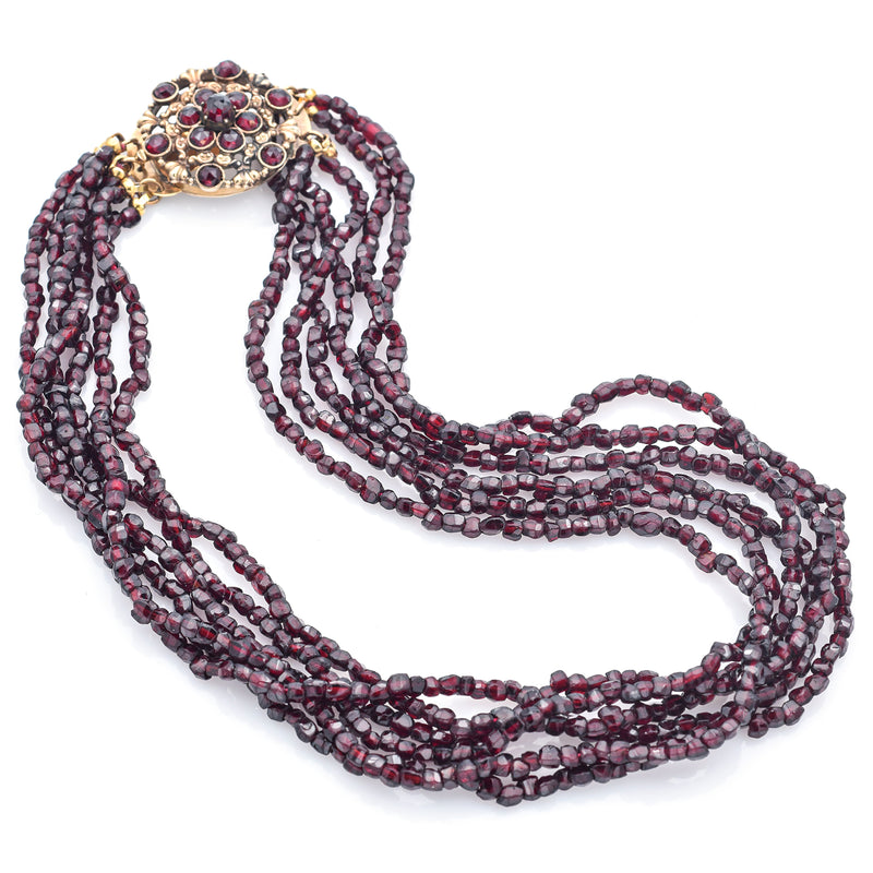 Antique 14K Yellow Gold Garnet Beaded Multi-Strand Necklace