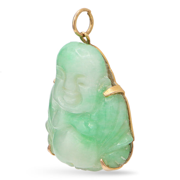 Vintage 14K Yellow Gold Carved Green Jade Buddha Pendant, 9.6g, 24.5x28 mm