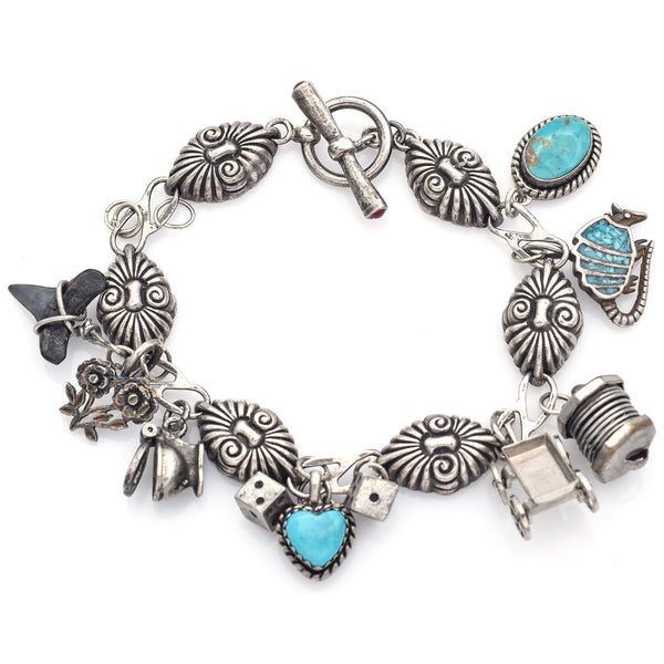 Ocma Sterling Silver Turquoise Heart Wagon Flower Armadillos Charm Bracelet