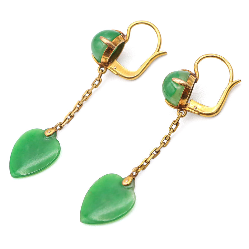 Vintage 18K Yellow Gold Jade Lever Back Dangle Heart Earrings