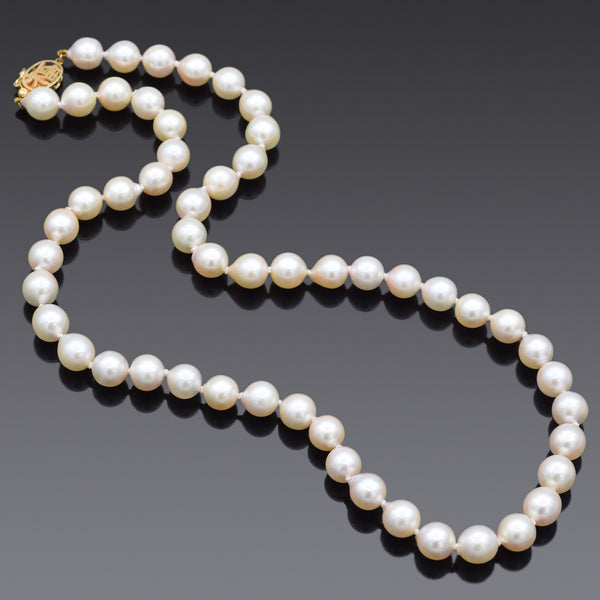 Vintage 14K Yellow Gold 7-7.5 mm Pearl 福 Blessed Beaded Strand Necklace 18Inches