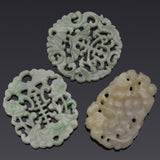 Lot of 3 Vintage Green & Beige Jade Carved Fruit & Openwork Pendants