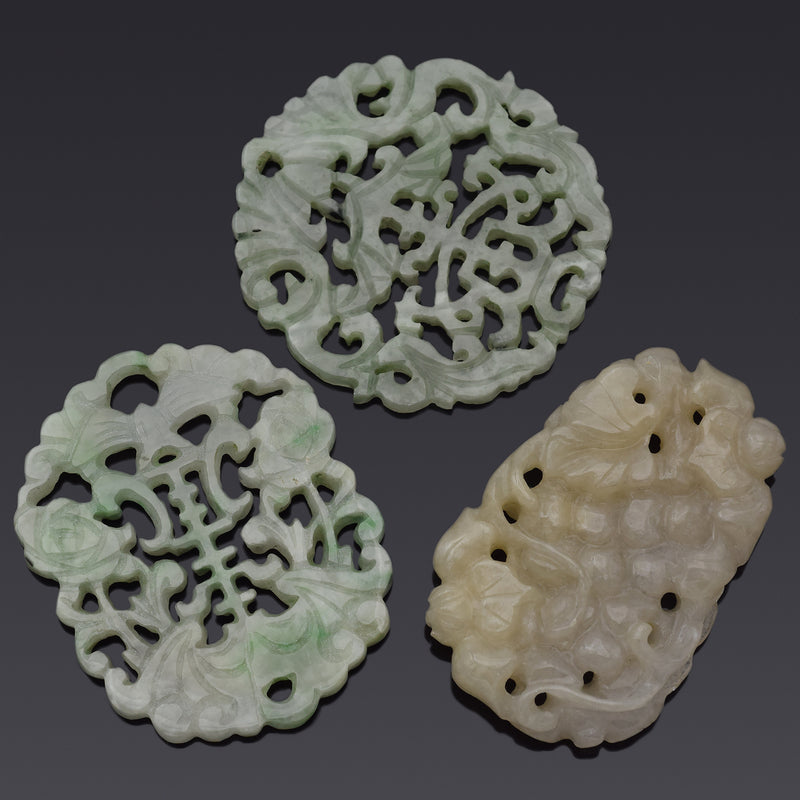 Lot of 3 Vintage Green & Beige Jade Carved Fruit & Openwork Pendants