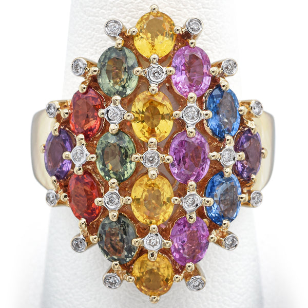 Estate 14K Yellow Gold 9.50 TCW Multi-Color Sapphire & 0.32 TCW Diamonds Ring