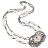 Antique Silver Faux Pearl and Crystal Pendant Double Strand Necklace