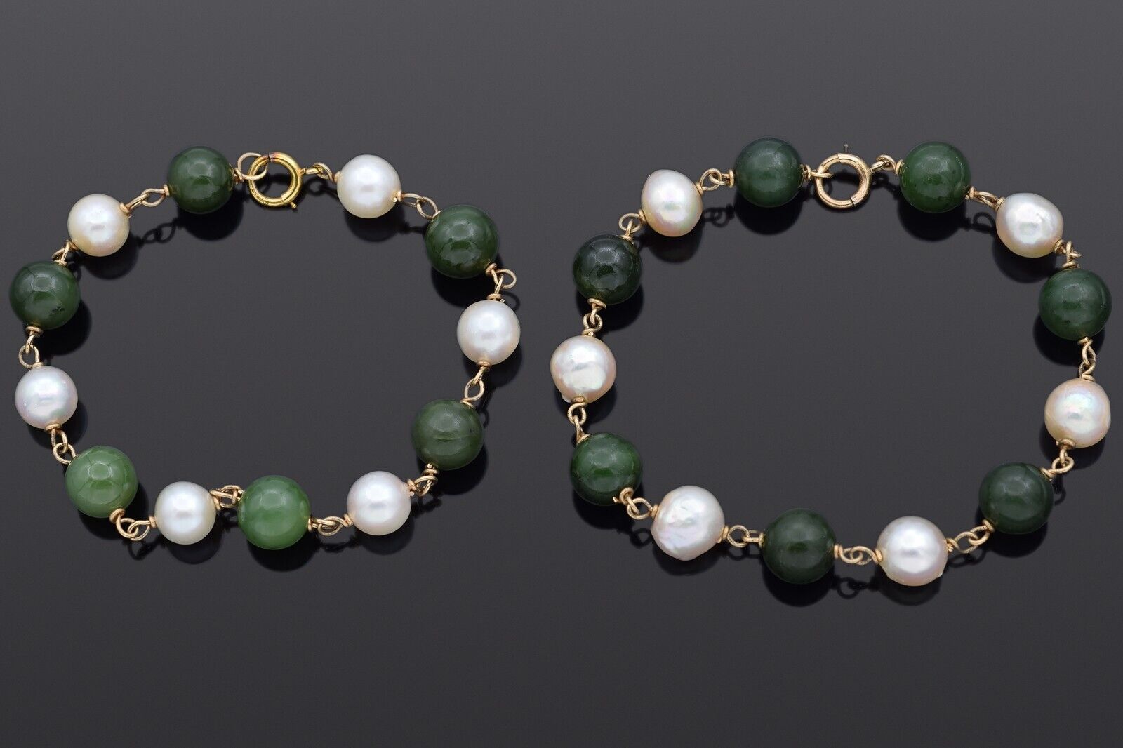 Lot of 2 Vintage Green Jade & Pearl 14K Yellow Gold Station Bracelets 6.5 Inches