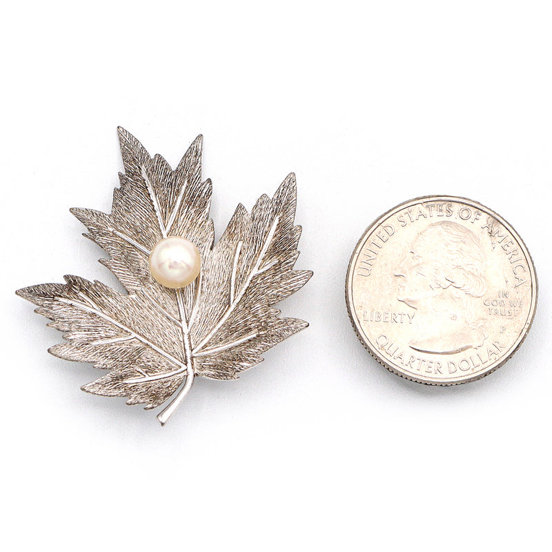 Vintage Mikimoto Sterling Silver Pearl Maple Leaf Brooch Pin