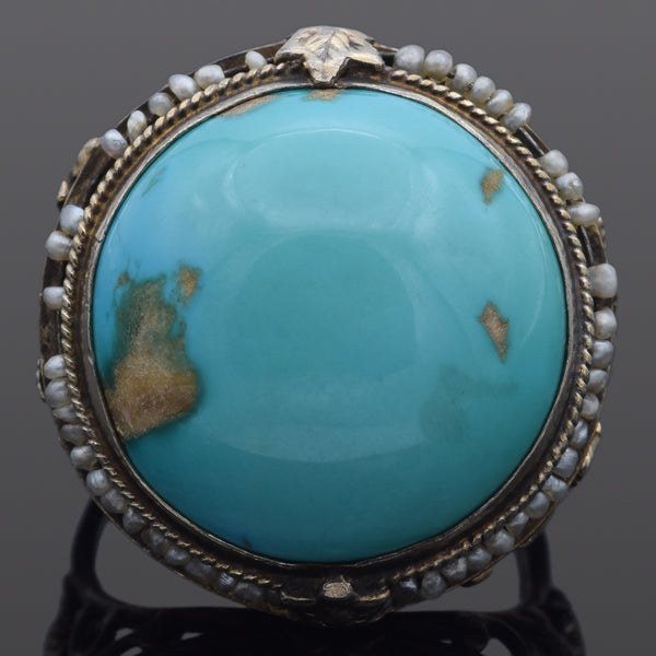 Antique Silver Turquoise & Seed Pearl Round Cocktail Ring Size 5