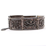 Antique Sterling Silver Chinese Bamboo Floral Dragon Panel Link Bracelet