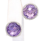 14K White Gold Checkerboard Cut 0.86 Ct. Amethyst, Diamond Halo Stud Earrings