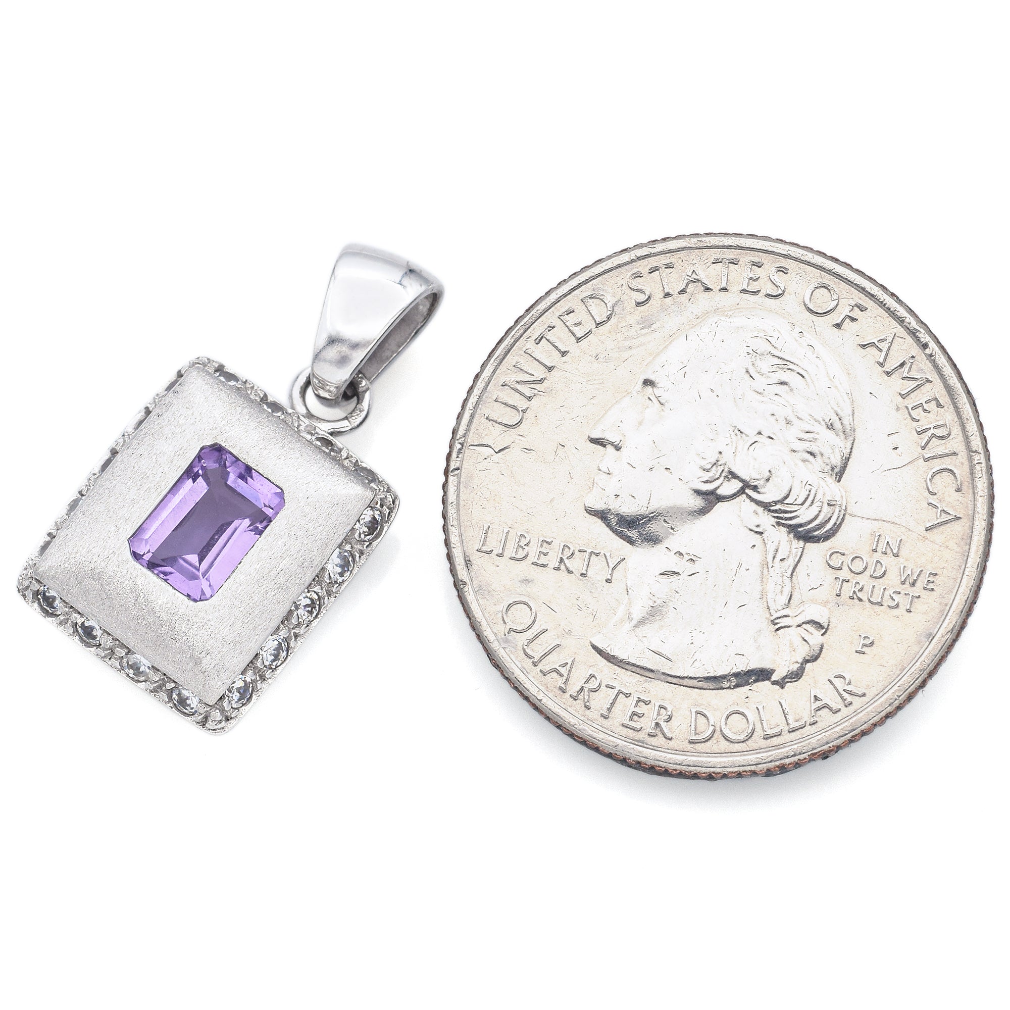 Estate 14K White Gold Amethyst & CZ Rectangle Pendant