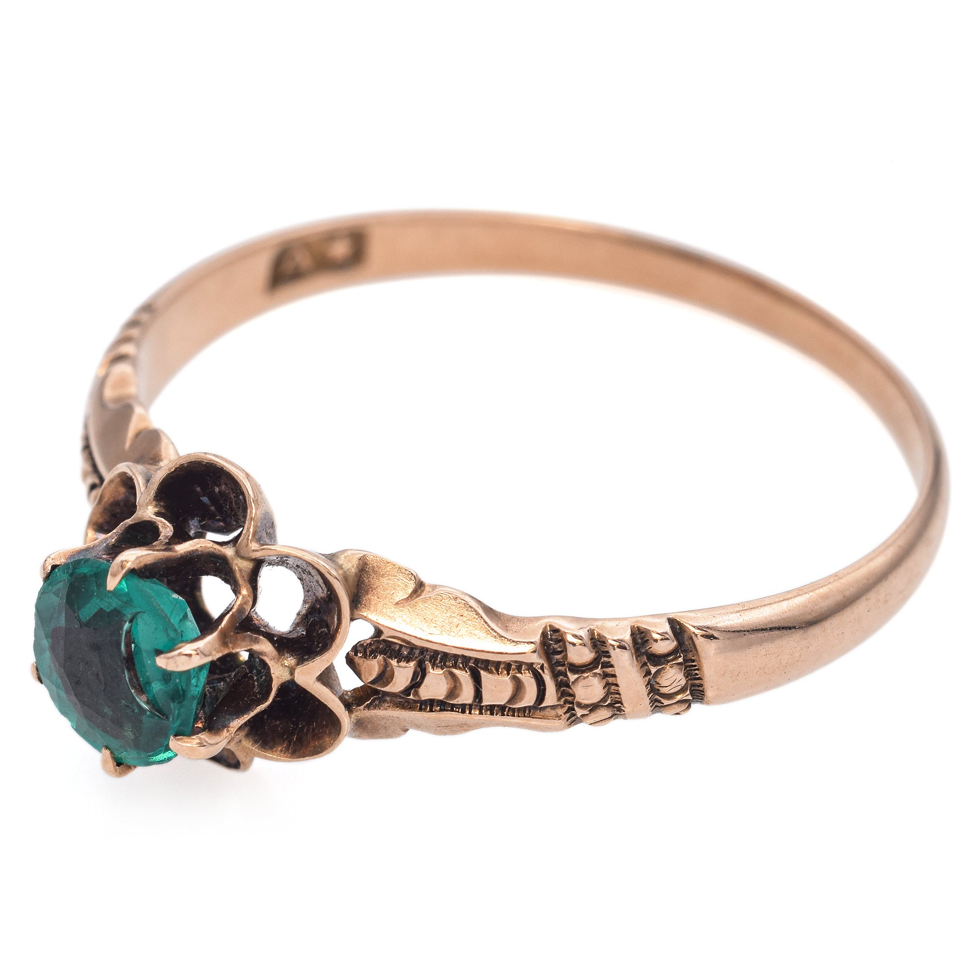 Allsopp-Steller Vintage 10K Rose Gold Round Cut Emerald with Floral Motif Ring