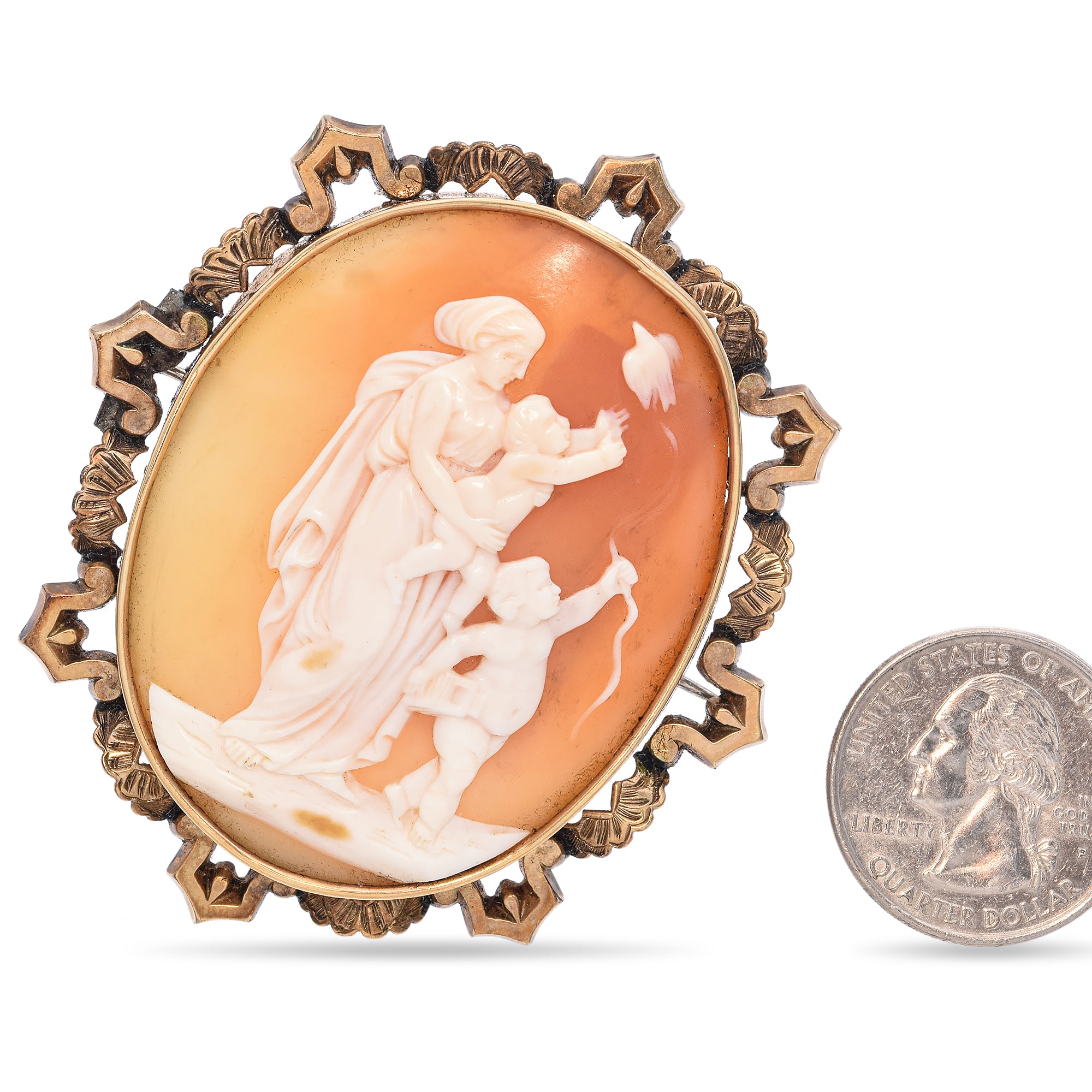 Antique Yellow Gold Cameo Woman With Two Children and Bird Brooch