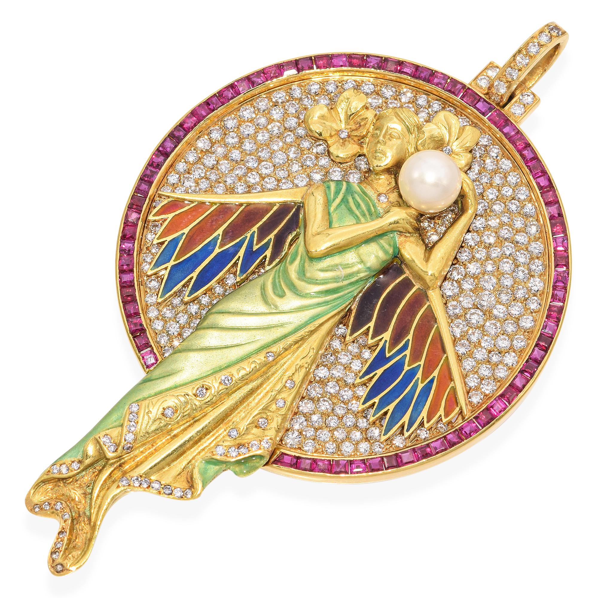 Chilleri 18k Gold Art Nouveau Flying Nymph Enamel and Gemstone Pendant