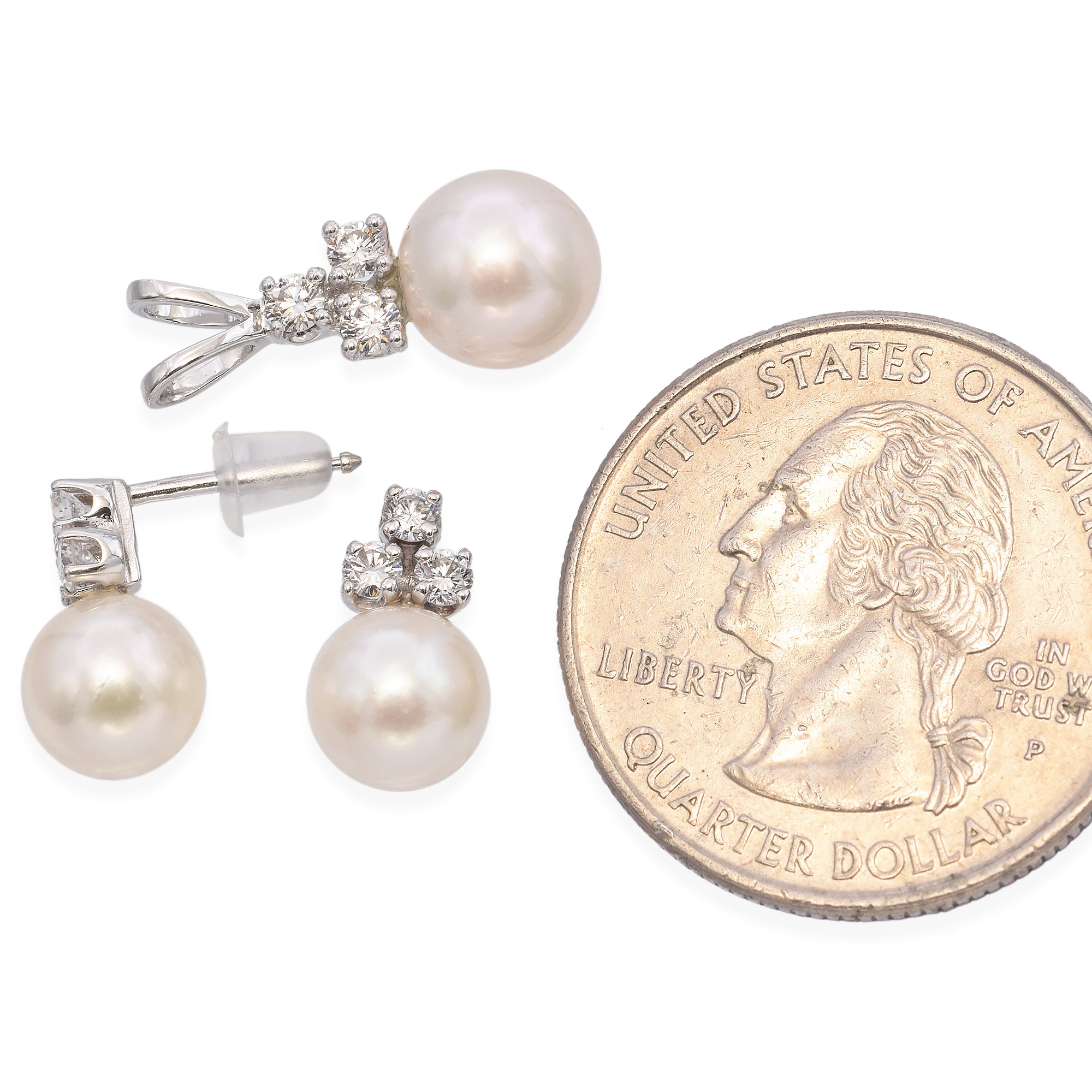 14K White Gold Pearl and Cluster Diamond Earring Set