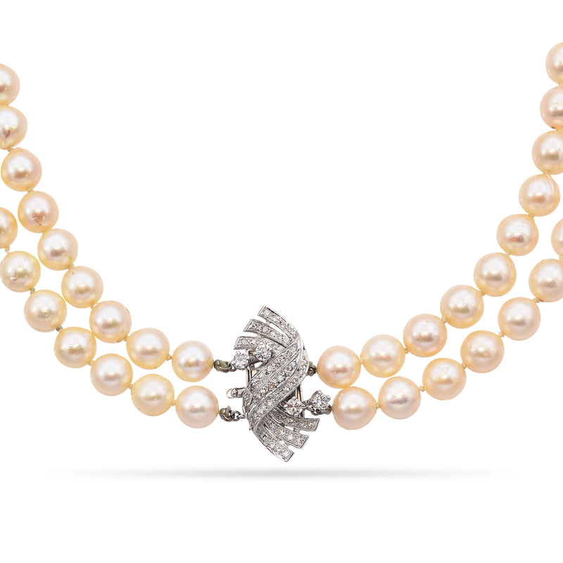 Vintage White Gold Pearl & Diamond Double-Strand Necklace