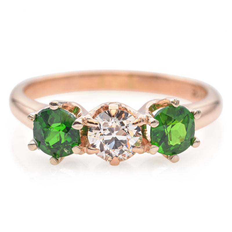 Antique 14K Yellow Gold Demantoid Garnet & .44ct Diamond Three-Stone Band Ring