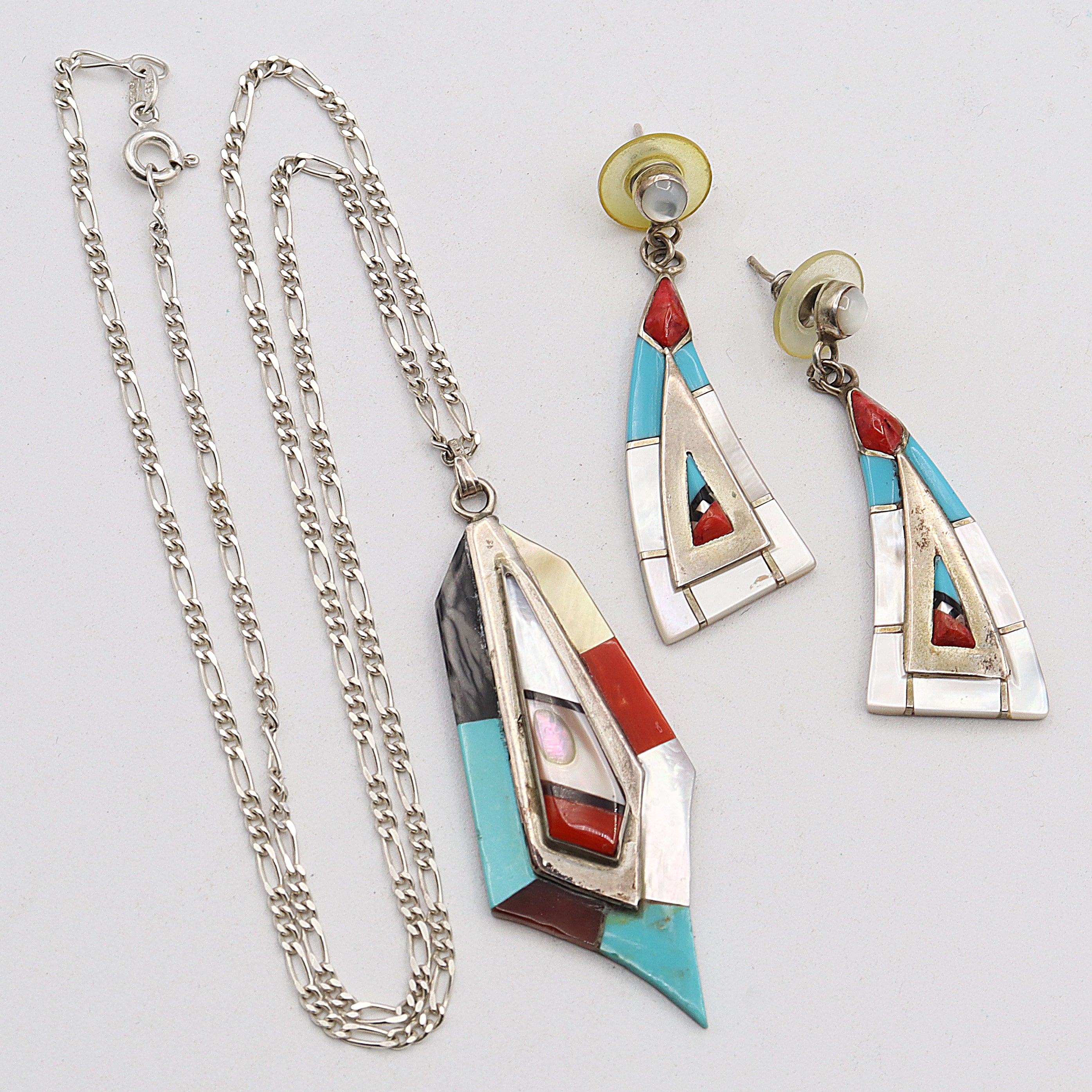 Zuni Southwestern RC, I Signed Sterling Silver Multi-Stone Pendant & Earring Set