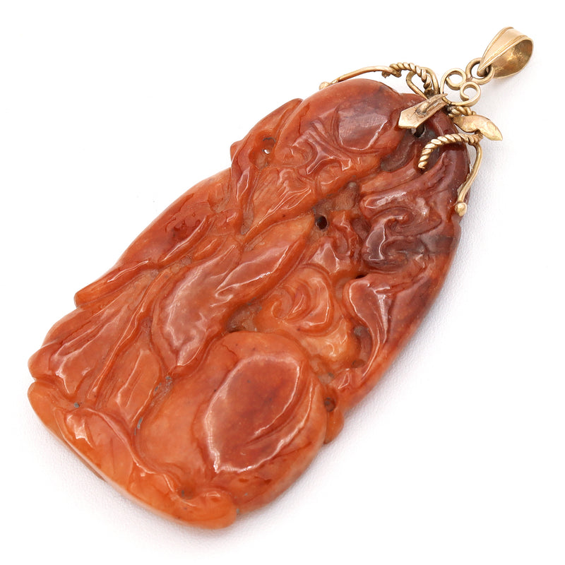 Vintage 14K Yellow Gold Red Jade Carved Deity Pendant, 33 Grams, 33x67mm