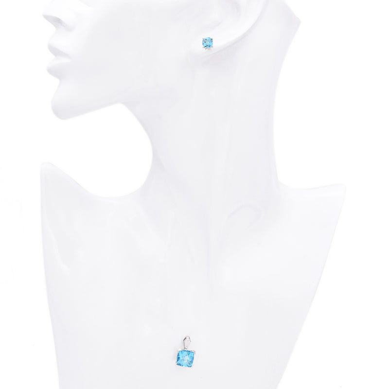 Estate 14K White Gold Swiss Blue Topaz Stud Earrings and Pendant Set