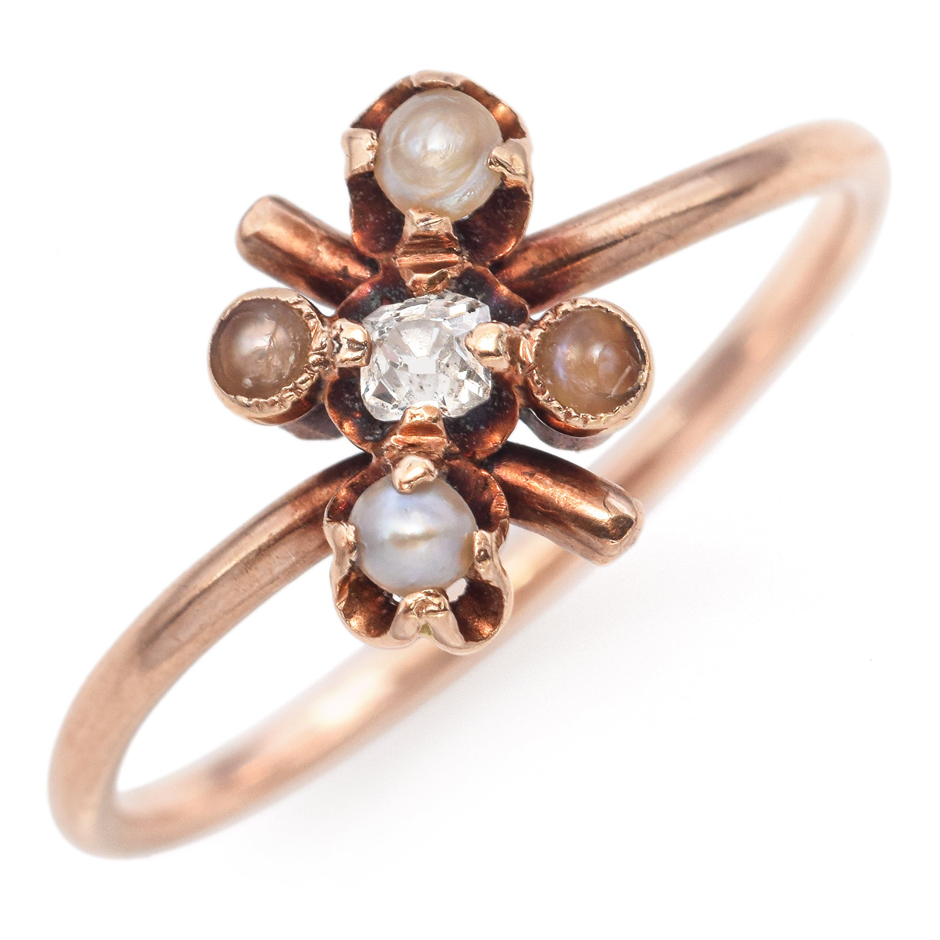 Antique Rose Gold Diamond and Pearl Band Ring