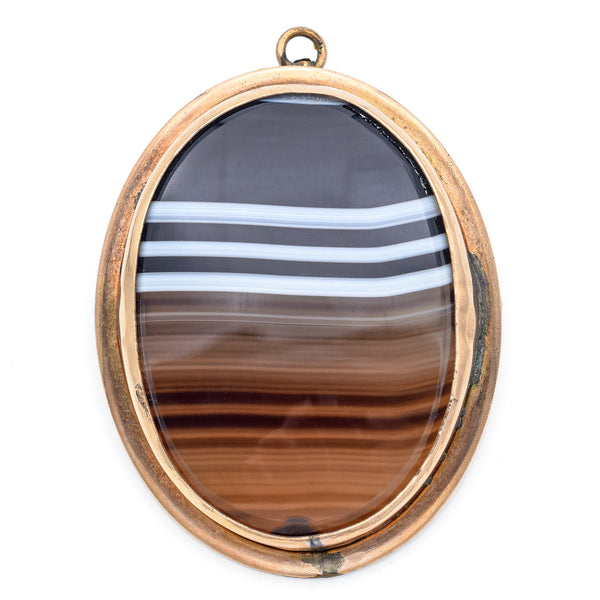 Antique Gold Filled 43.45 Ct Banded Agate Oval Cabochon Brooch Pin Pendant