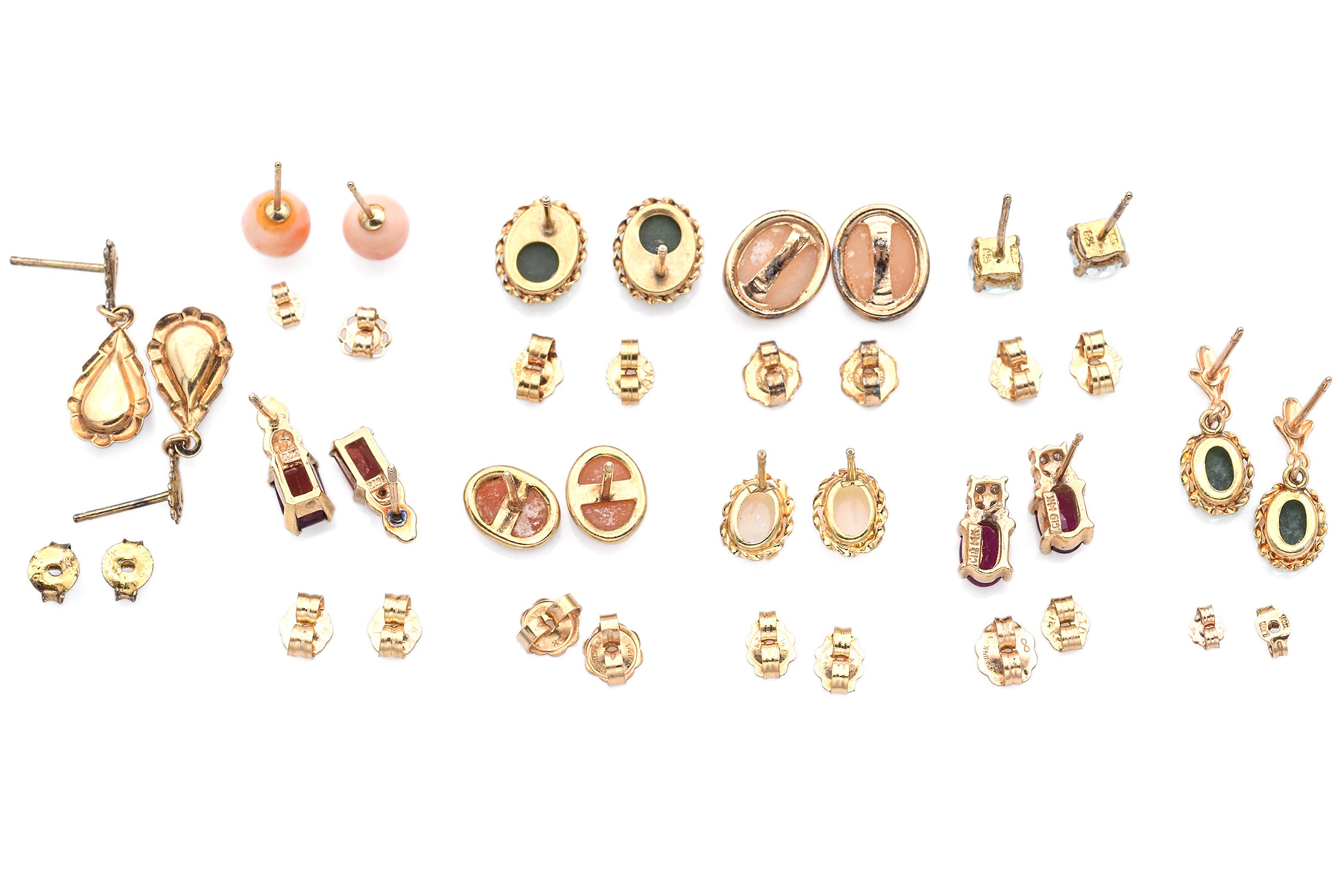 10 Pairs Assorted Gold Coral, Jade, Opal, Ruby, Garnet, Glass & Diamond Earrings